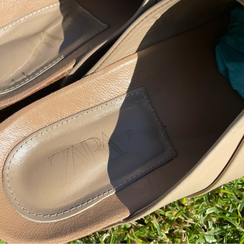 Zara Metal Link Buckle Genuine Leather Clogs Mules Sandals in Tan Size 8 - Picture 6 of 14